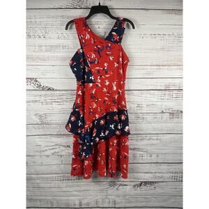 Madame Dress Women's Large Red Floral Asymmetrical Ruffle Fit Flare Midi Party